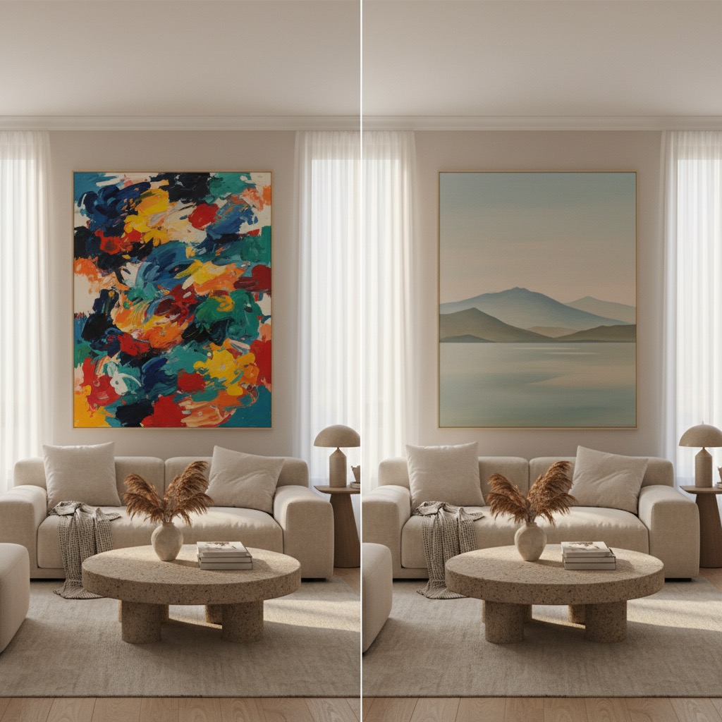 Room comparison showing how different art styles change the mood of a space