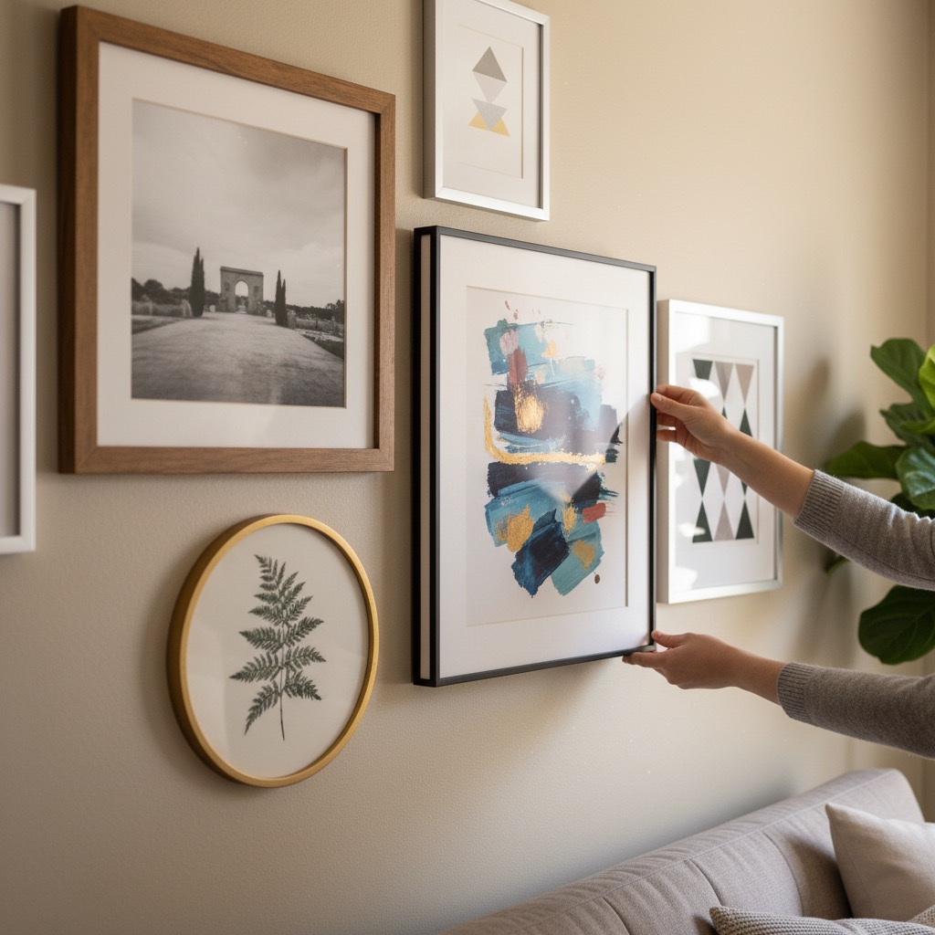 Hands positioning a framed art print on a gallery wall arrangement