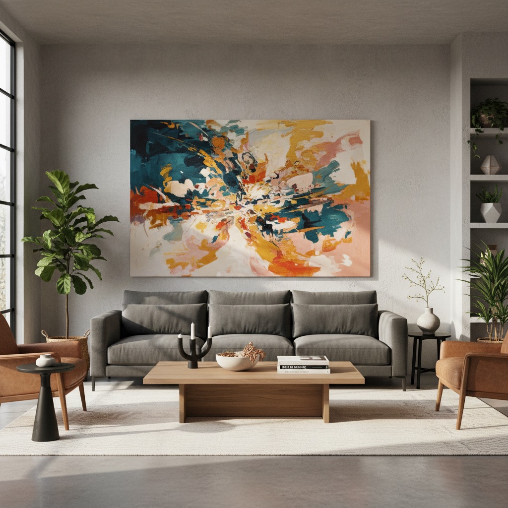Modern living room with a bold abstract painting as the focal point