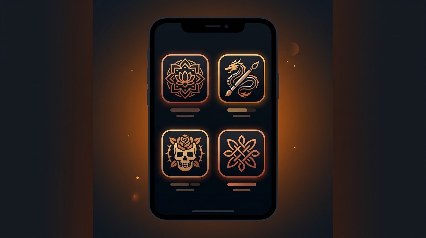 Seven tattoo design apps displayed on iPhone screens with various tattoo styles