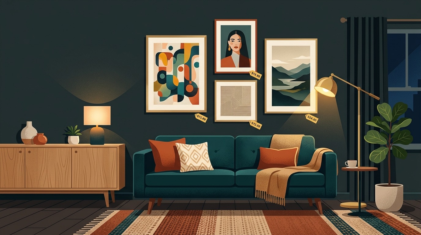 Stylish living room with beautiful affordable wall art