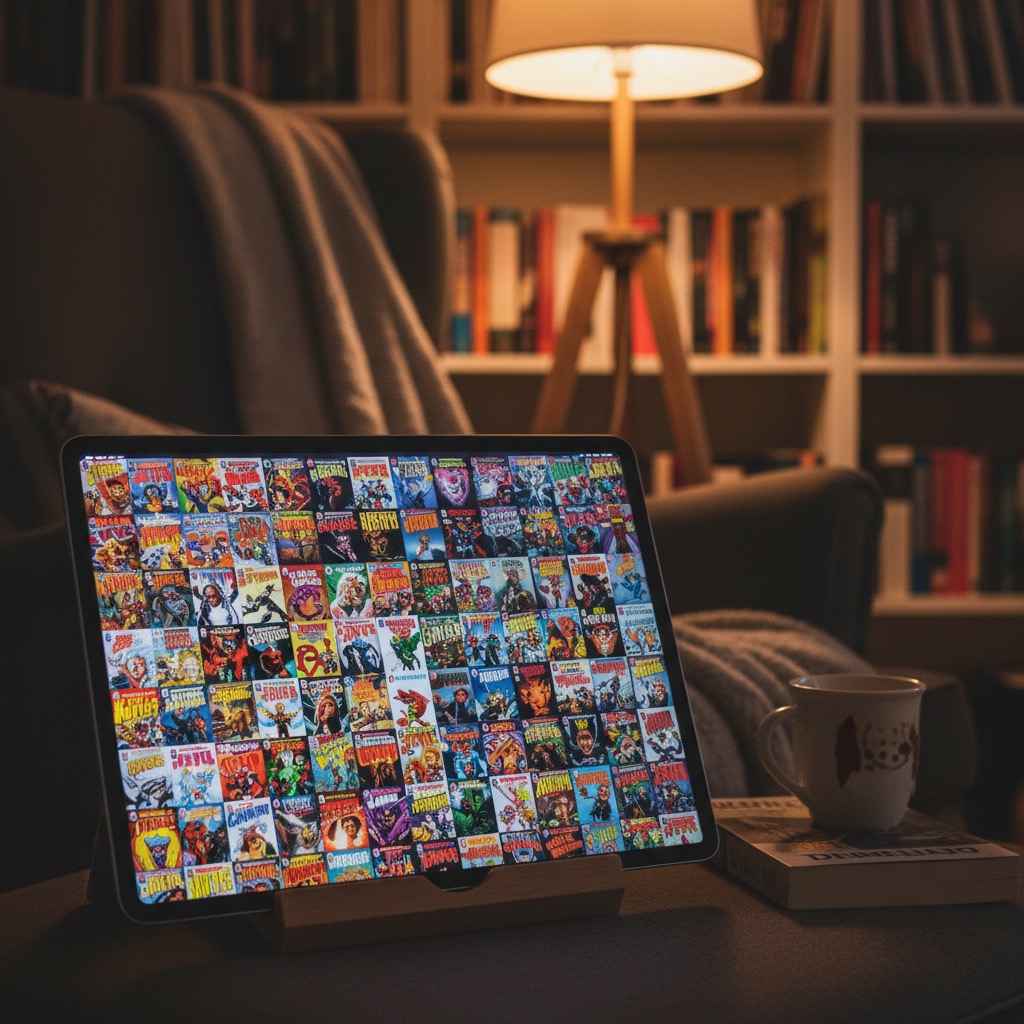 Digital comic collection displayed on tablet in a cozy reading setting