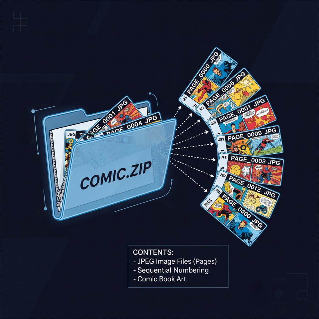Exploded view of a comic book archive showing image pages inside