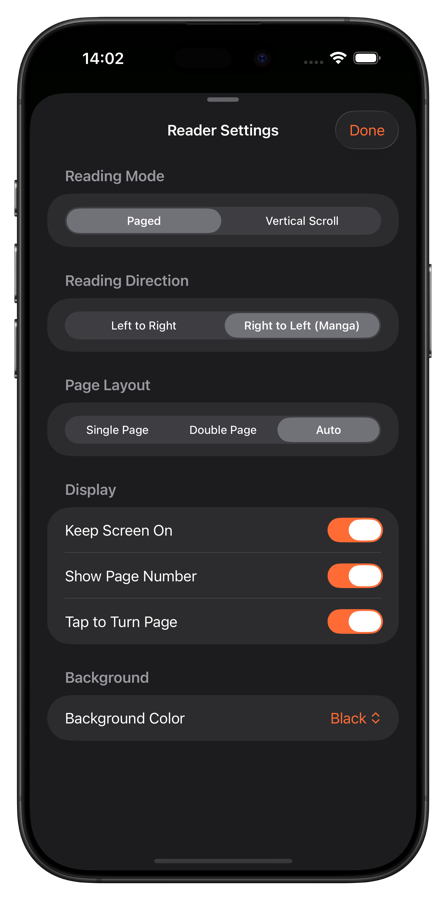 ComicFlow reader settings showing vertical scroll and reading direction options