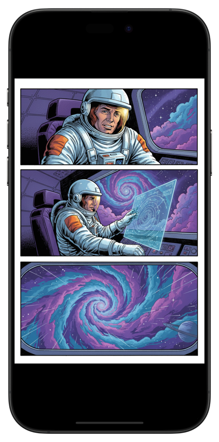 ComicFlow reader displaying a comic with smooth page transitions on iPhone