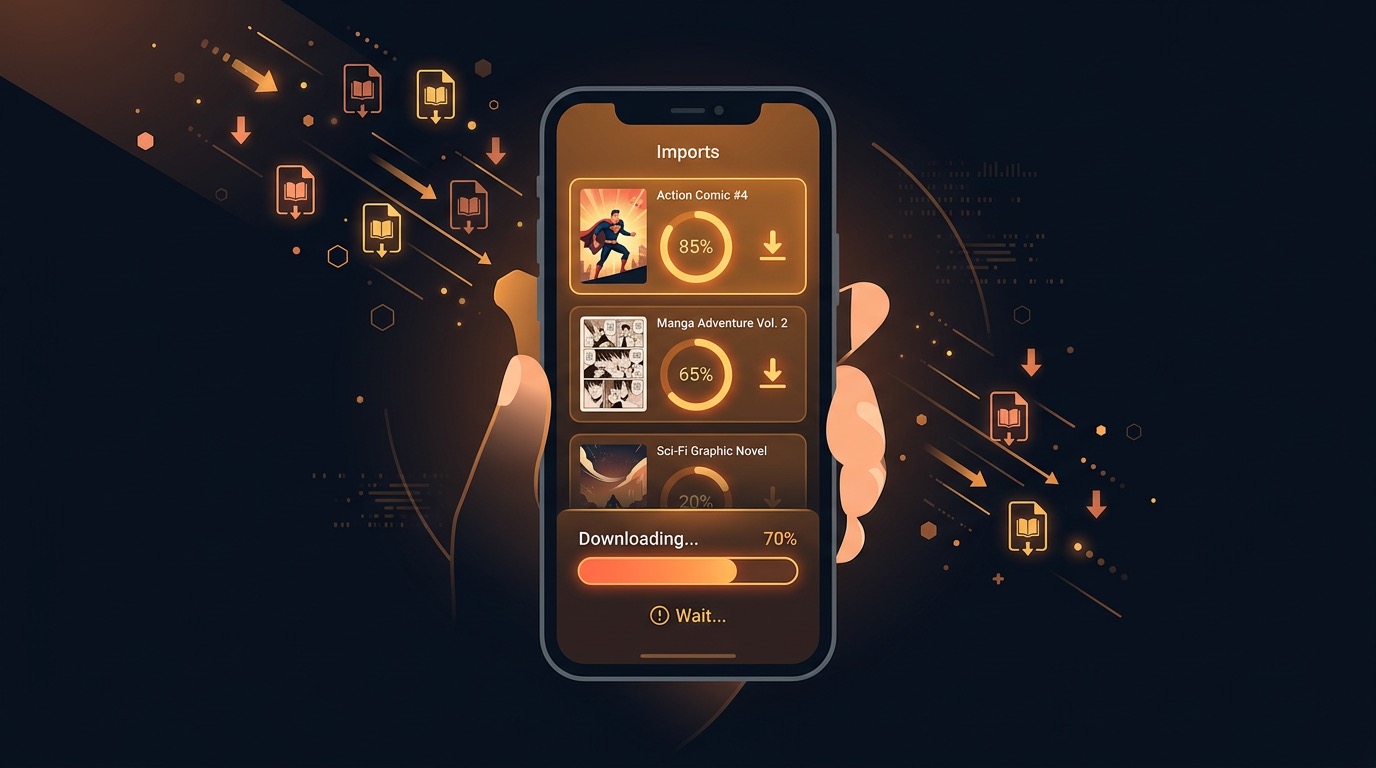 Smartphone importing comic book files with download indicators