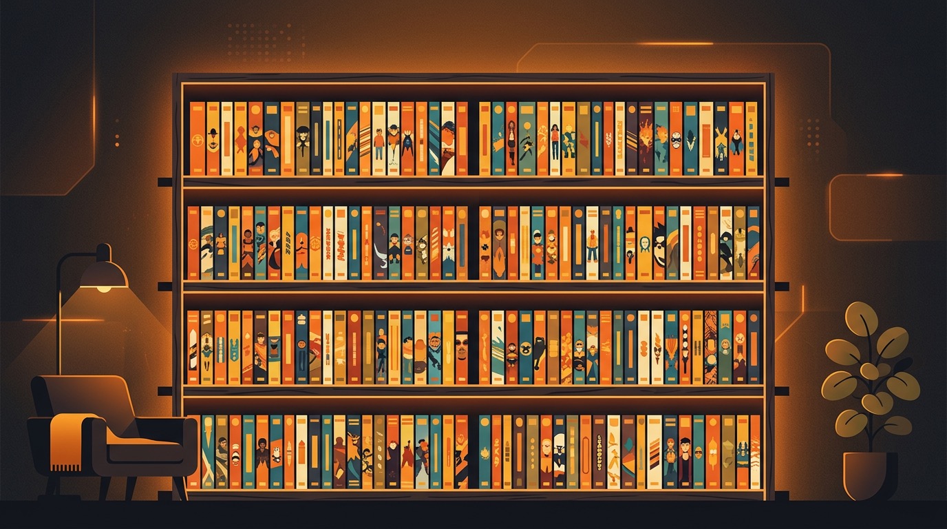 Organized digital bookshelf filled with colorful comic books