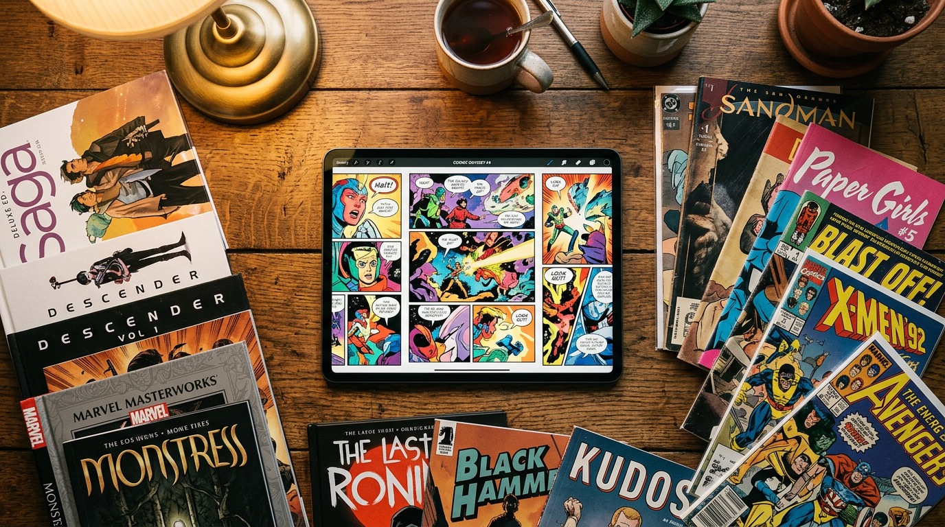 Digital comic collection on a tablet surrounded by physical comic books