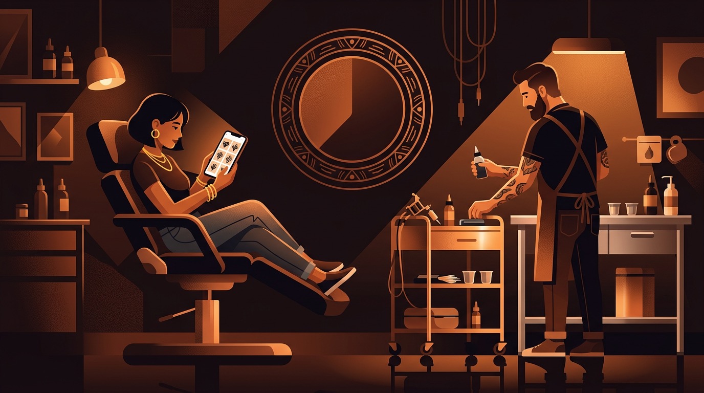 Person sitting in a tattoo studio chair preparing for their first tattoo appointment