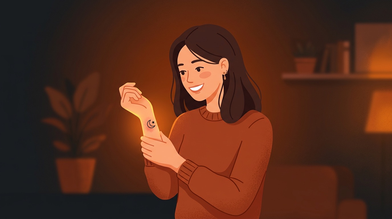 Person admiring their healed first tattoo on their forearm