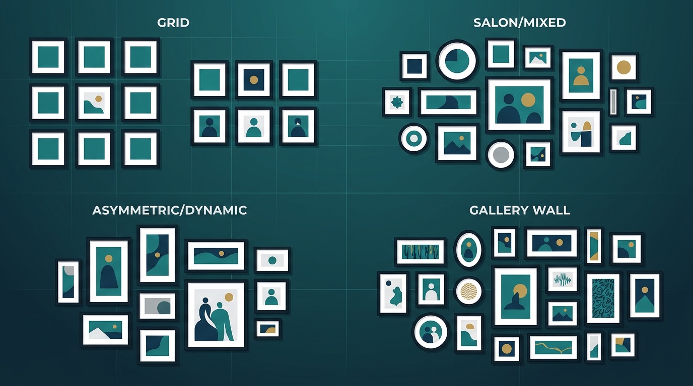 Diagrams showing different gallery wall layout types including grid, salon, and row arrangements
