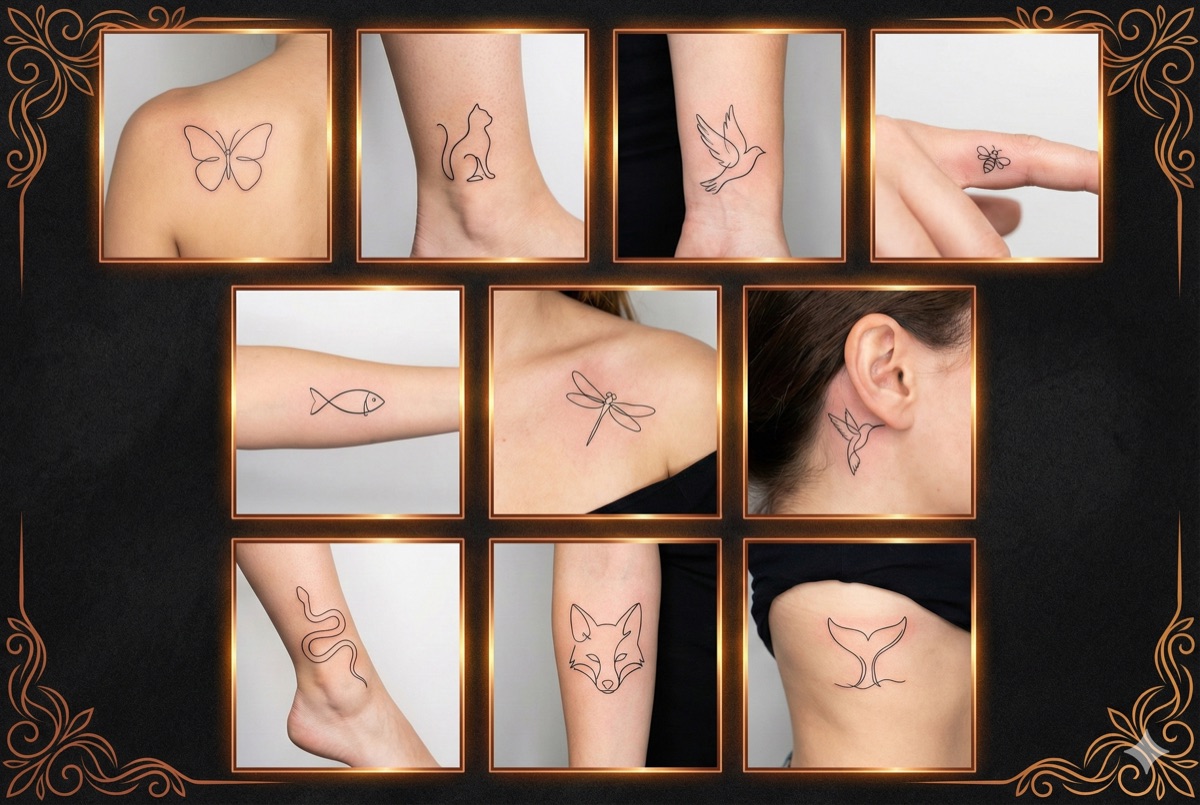 Minimalist animal tattoo designs - butterfly, cat, bird, bee, fish