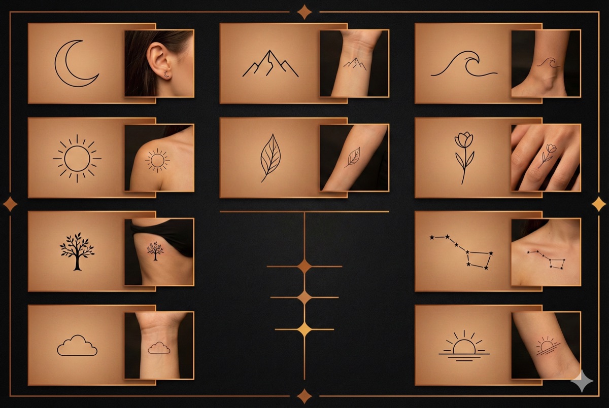 Minimalist nature tattoo designs - moon, mountain, wave, sun, leaf