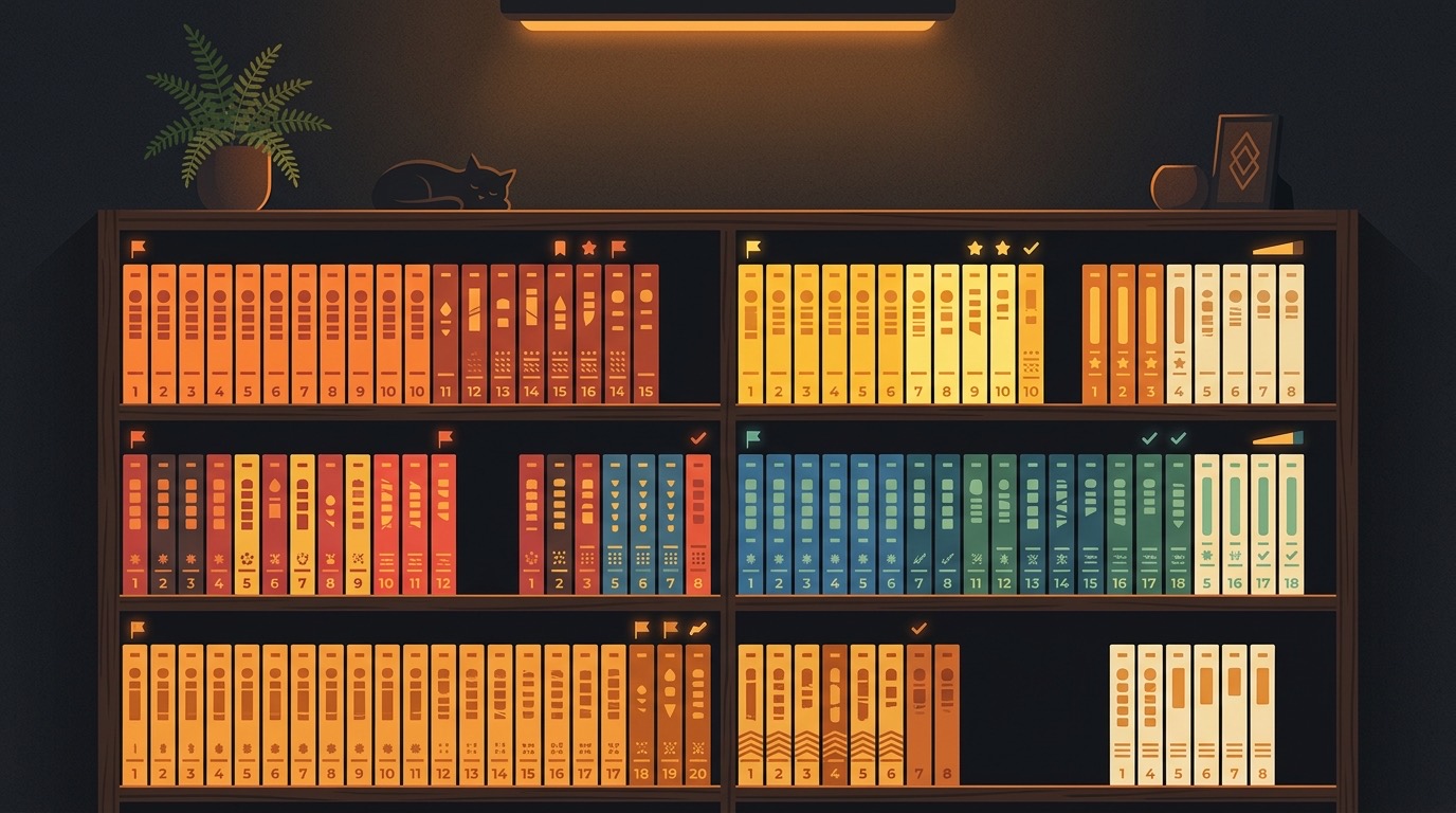 Organized manga bookshelf with volumes sorted by series