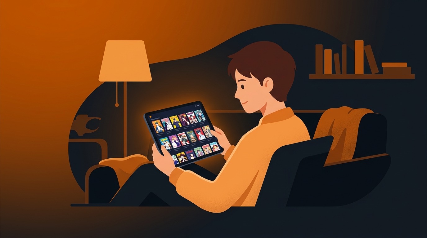 Person browsing a digital manga store on a tablet