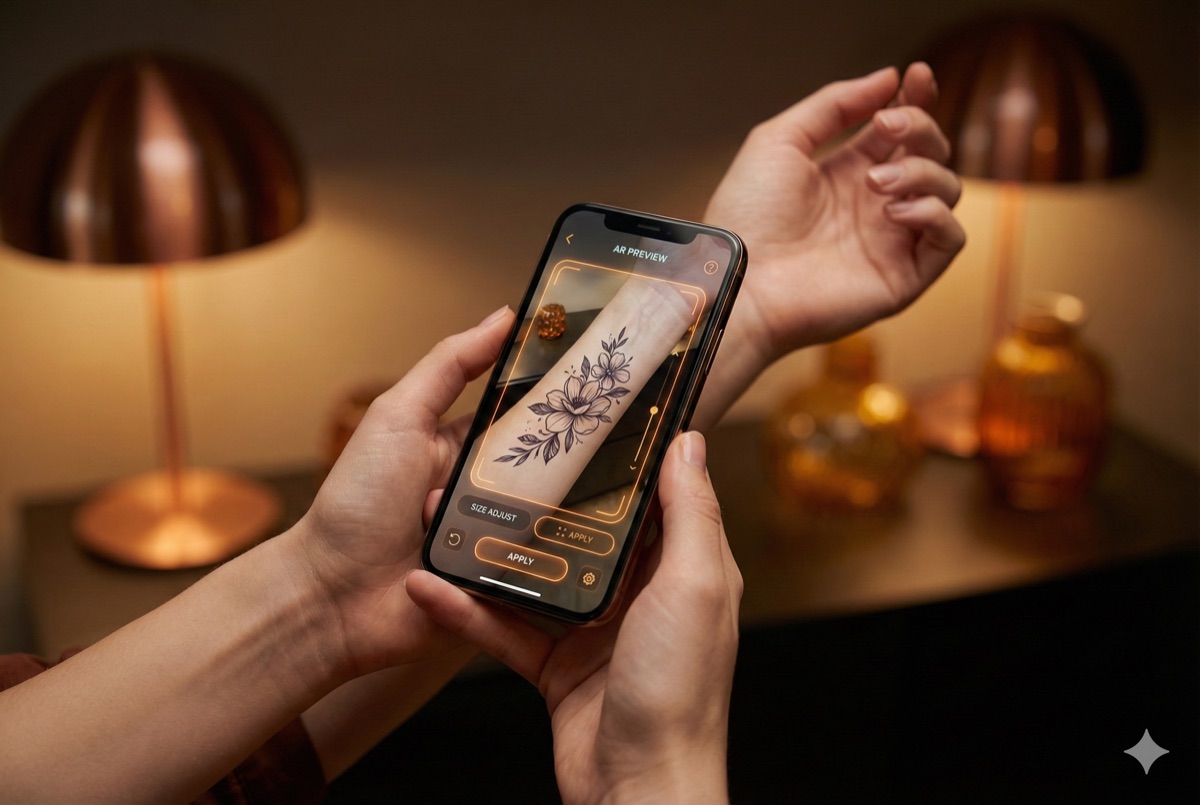 Smartphone showing AR tattoo preview on forearm