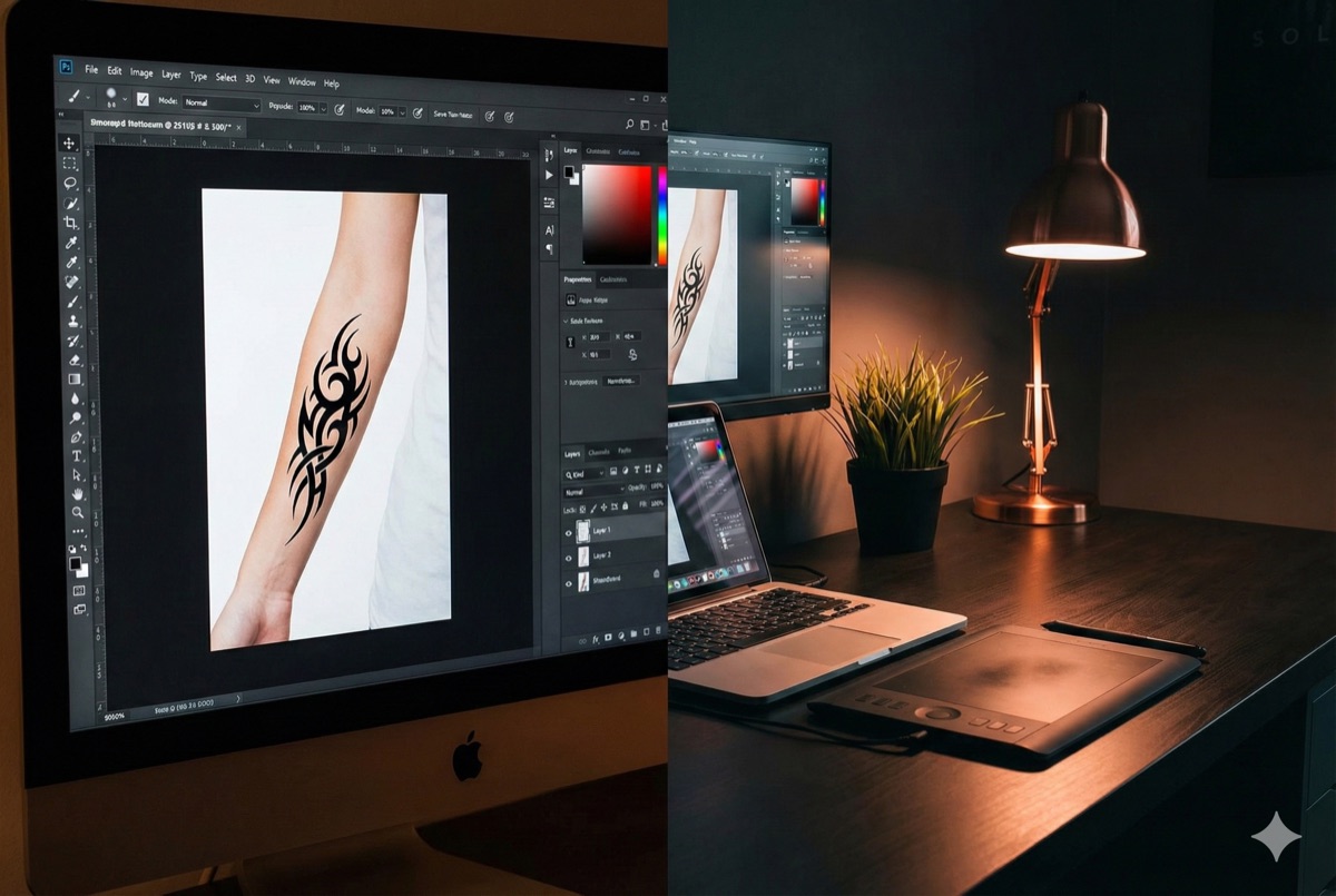 Photo editing software with tattoo design overlay