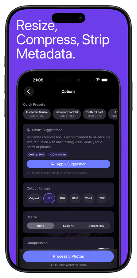 PhotoStrip options screen showing metadata stripping, format conversion, and resize controls
