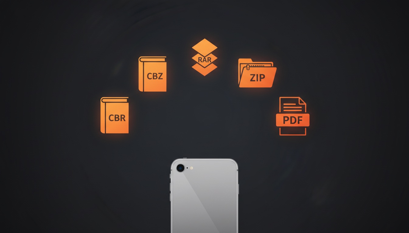 Five comic file formats: CBR, CBZ, RAR, ZIP, and PDF