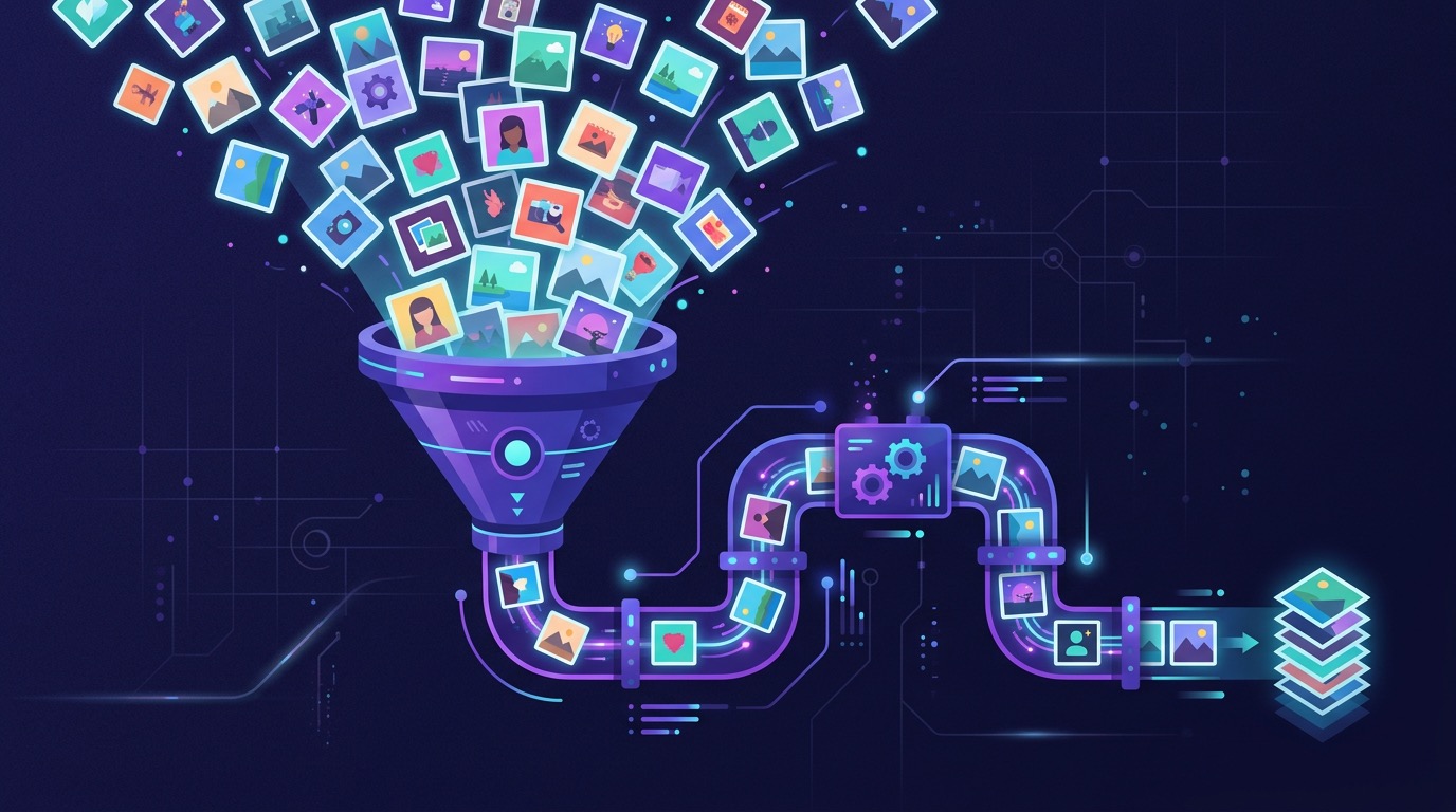 Multiple photographs being processed through a batch pipeline simultaneously