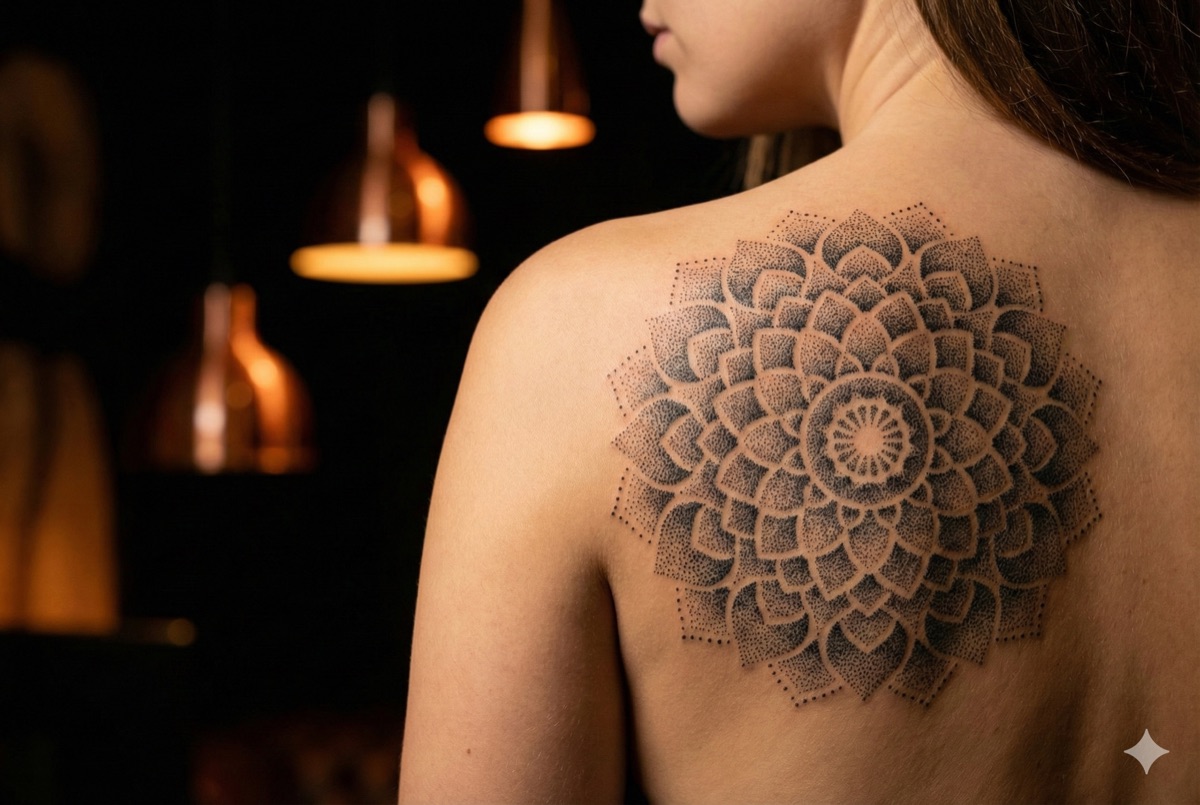 Dotwork tattoo example - intricate mandala made of thousands of dots