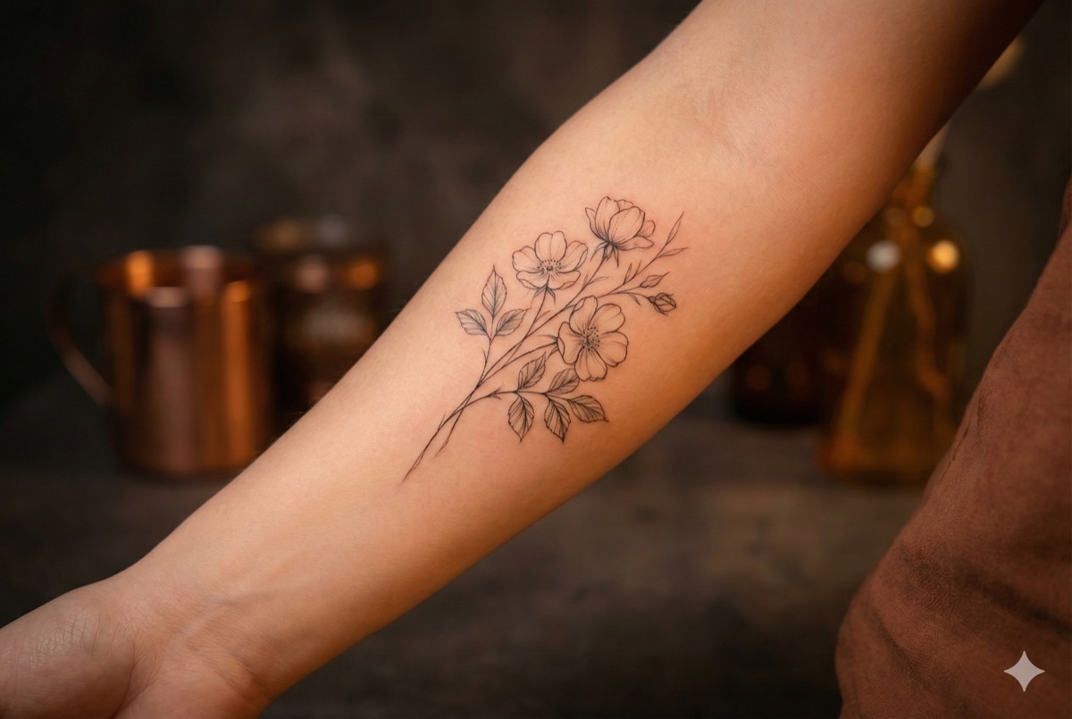 Fine line tattoo example - delicate botanical flower design