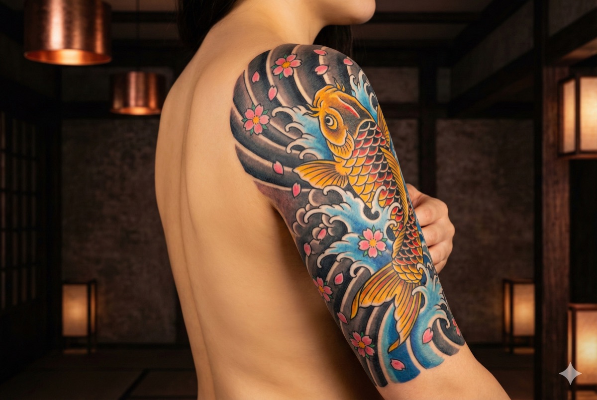 Japanese Irezumi tattoo example - koi fish with cherry blossoms