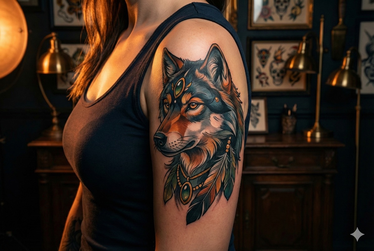 Neo-Traditional tattoo example - detailed wolf head with expanded color palette