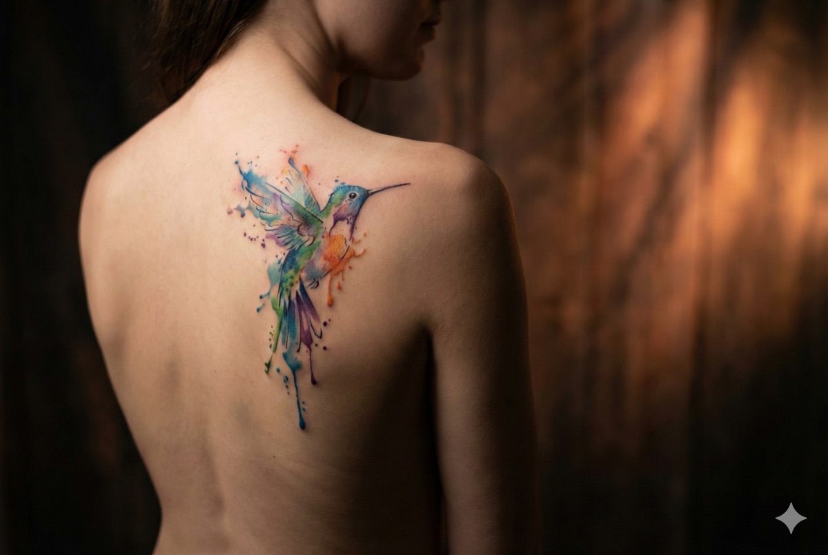 Watercolor tattoo example - colorful hummingbird with paint splashes
