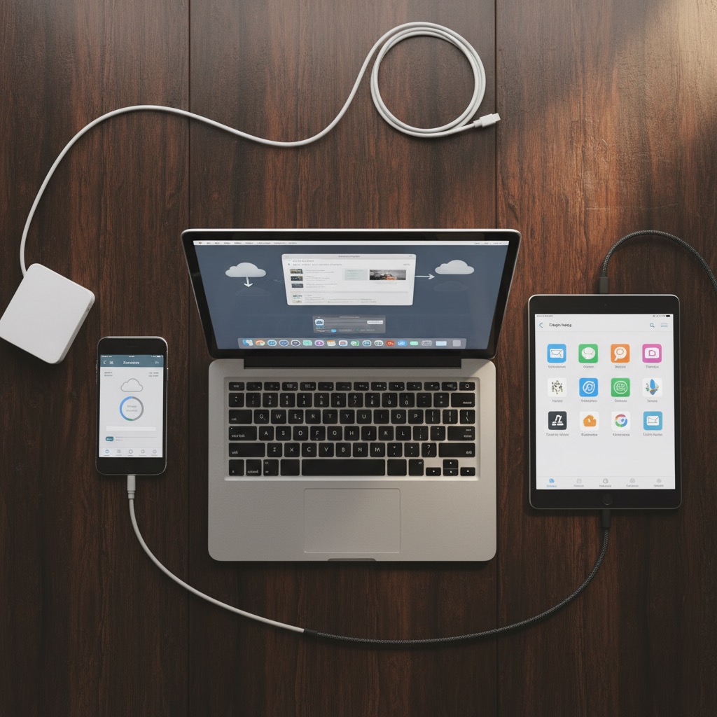 Multiple devices and cables on a desk for file sharing setup