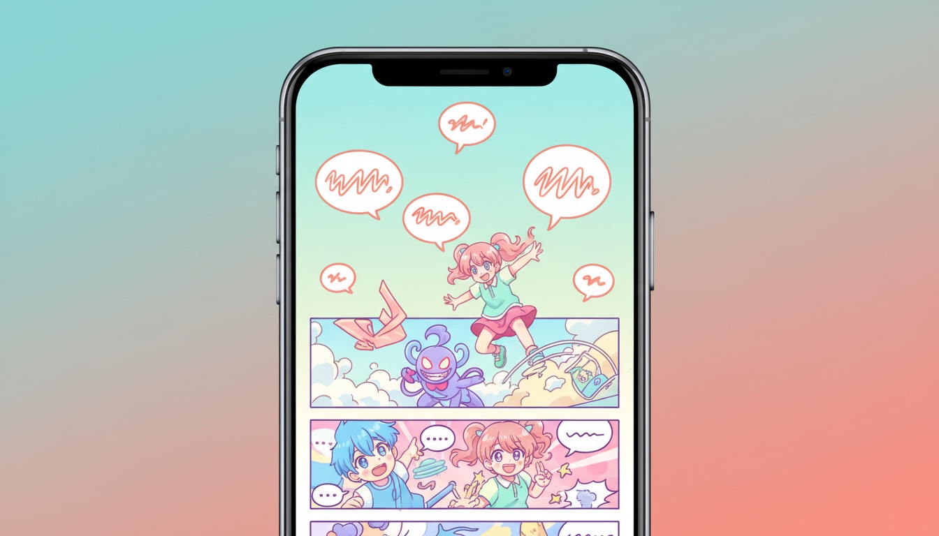 Colorful webtoon displayed on a smartphone in vertical scroll mode