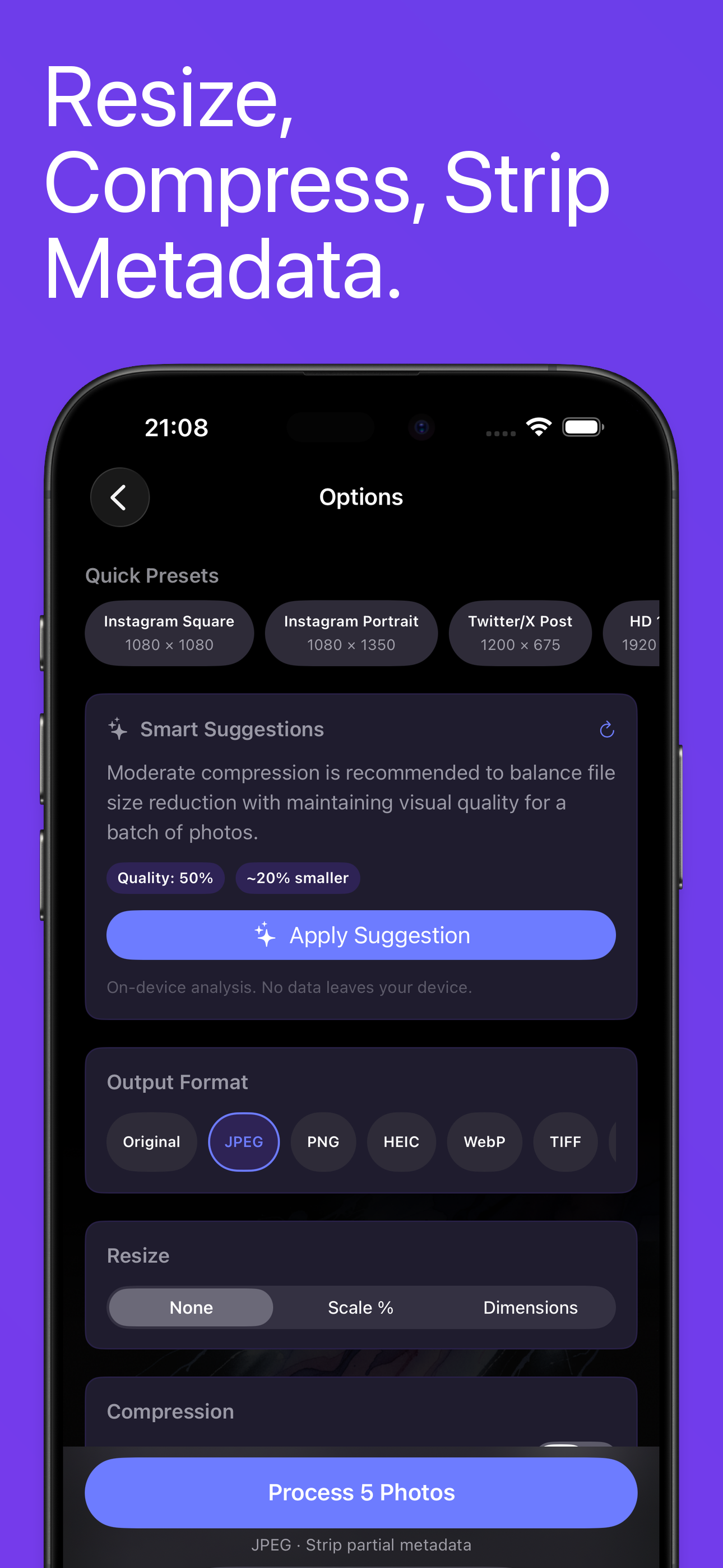 PhotoStrip - Processing options and AI suggestions